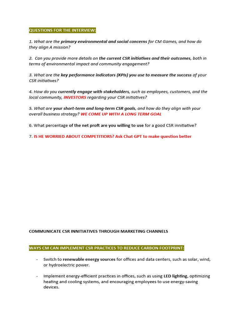 QUESTIONS FOR THE INTERVIEW CSR | PDF
