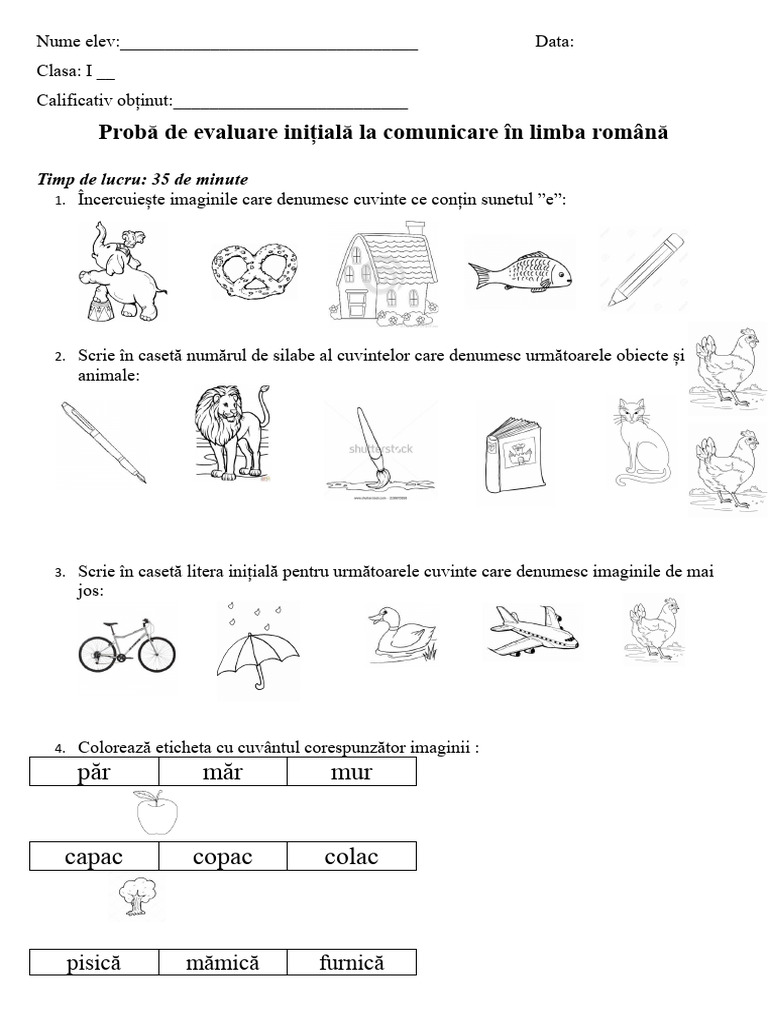 Evaluare Initiala Clasa I | PDF