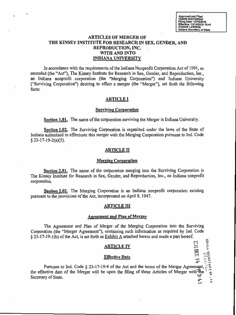 Kinsey Institute Articles of Merger Certificate of Merger 2016 PDF