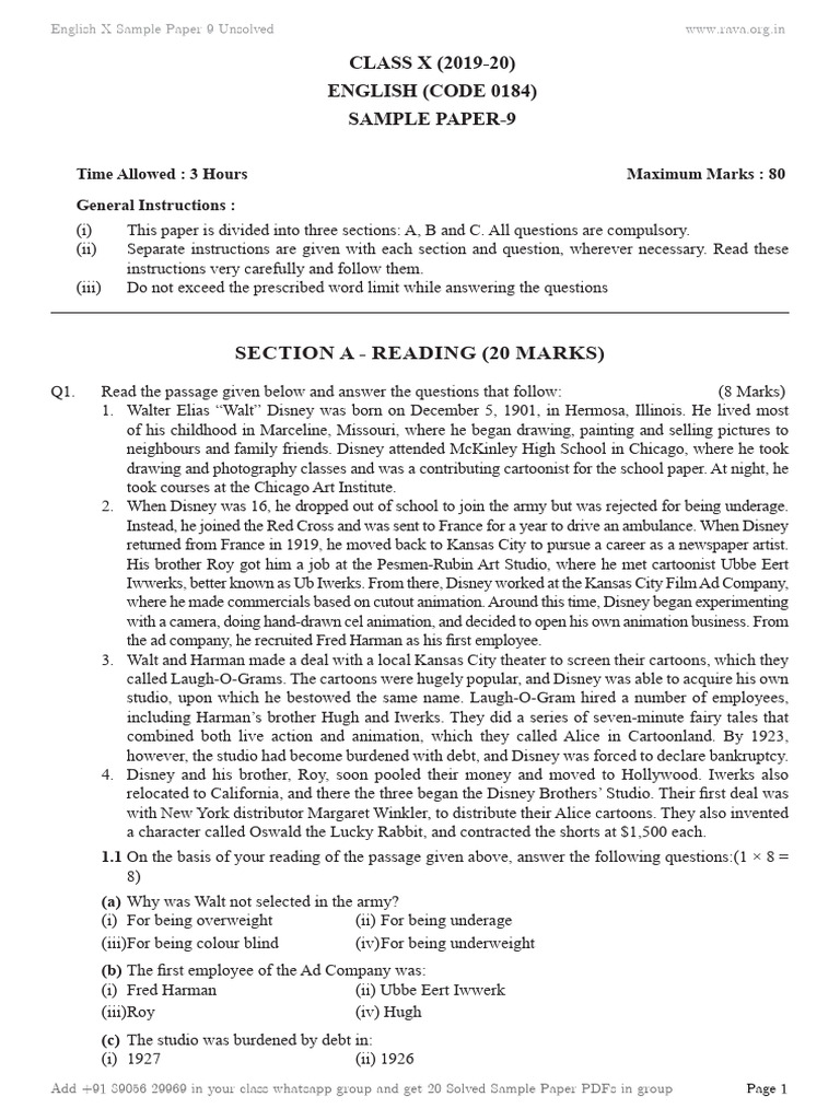 Class X English Sample Paper | PDF
