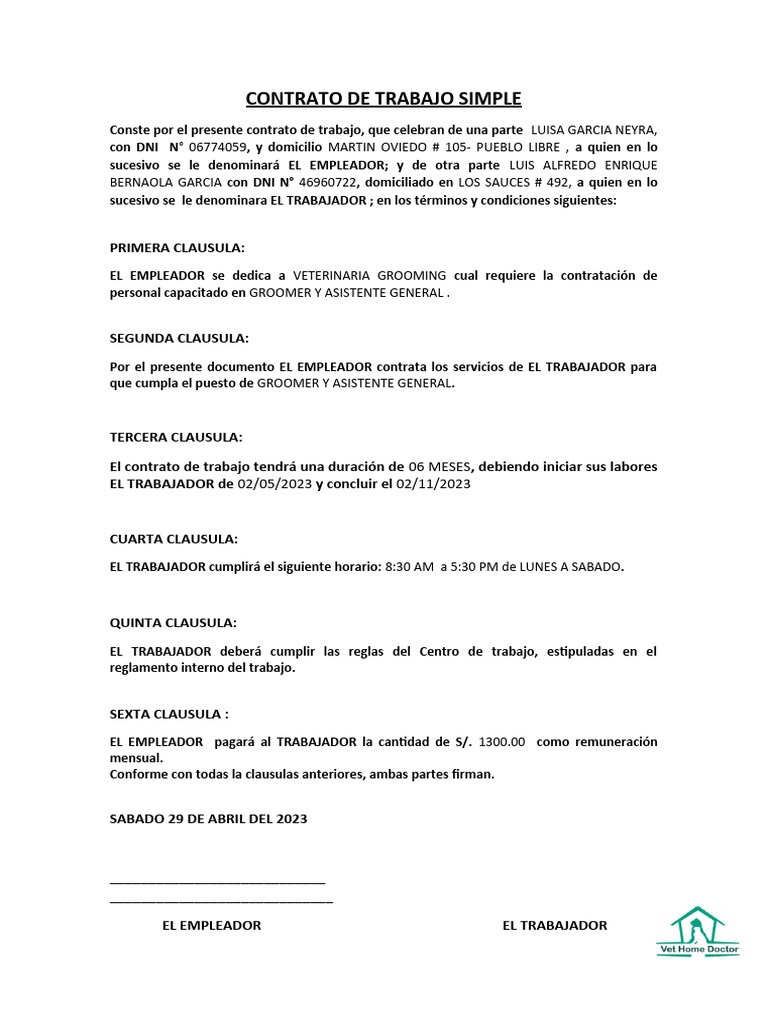 Modelo De Contrato De Trabajo Simple Peru V Rios Modelosmodelo De ...