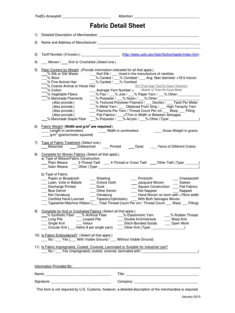 FedEx Fabric Detail Sheet Template | PDF | Textiles | Handicrafts