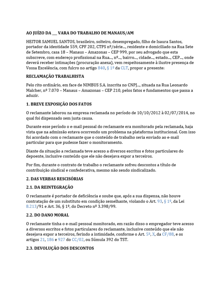 Modelo peticao inicial reclamatoria trabalhista oab peca pratico