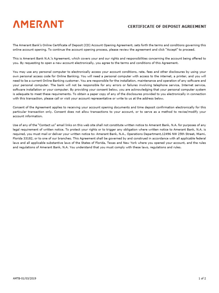 Amerant Certificate of Deposit Agreement PDF Certificate Of