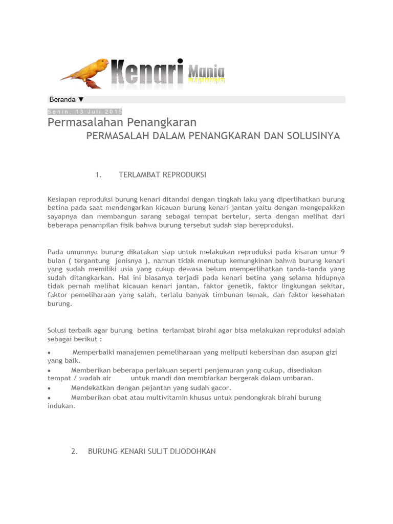 Solusi Penangkaran Kenari Betina | PDF