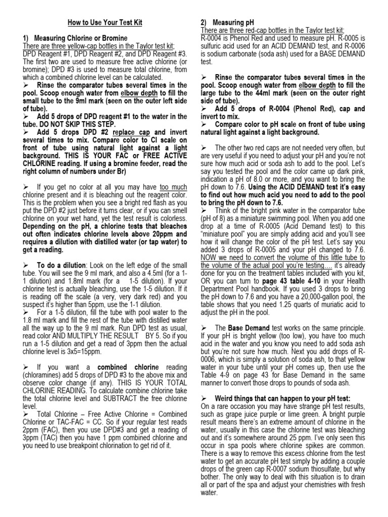 Pool Test Kit Usage Guide | PDF | Chlorine | Ph
