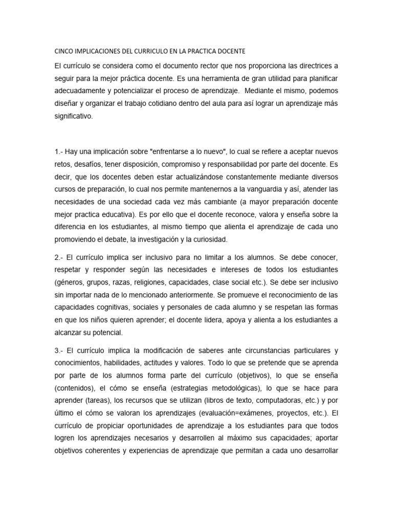 Cinco Implicaciones Del Curriculo en La Practica Docente | PDF | Plan ...