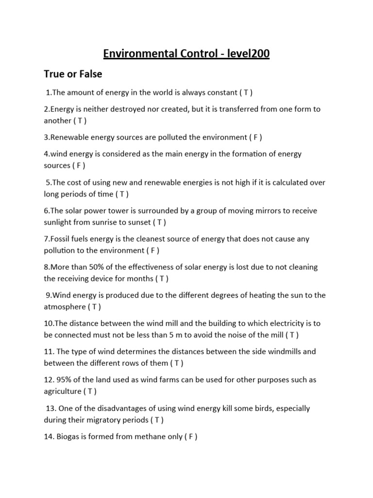 Environmental Control Level200 True or False PDF Renewable