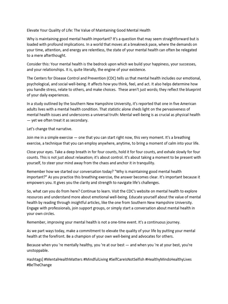 Elevate Your Quality of Life The Value of Maintaining Good Mental