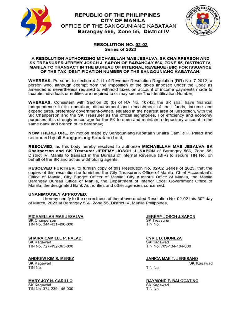 SK Resolution for BIR TIN Authorization | PDF