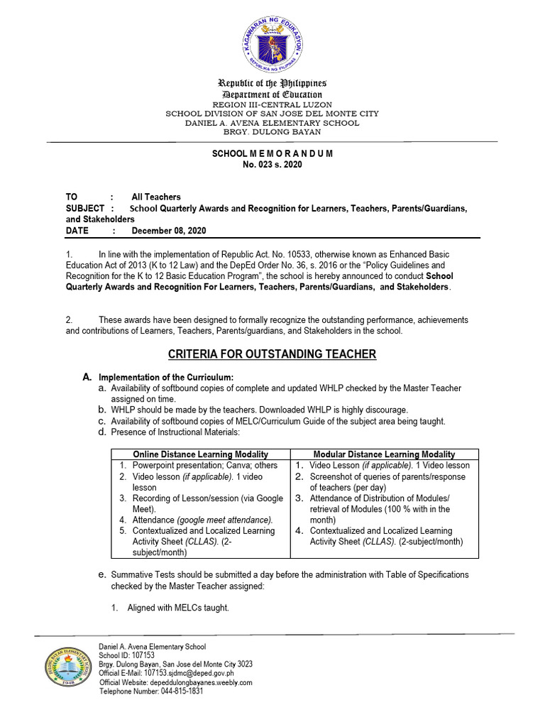 Criteria For Teachers Recognition | PDF