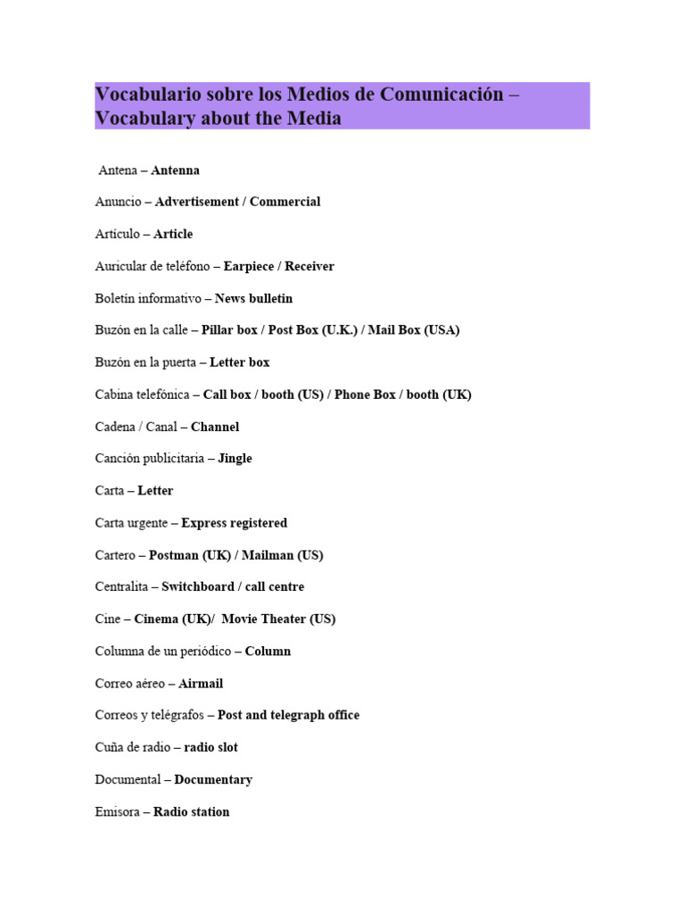 Vocabulario de Medios de Comunicación | PDF