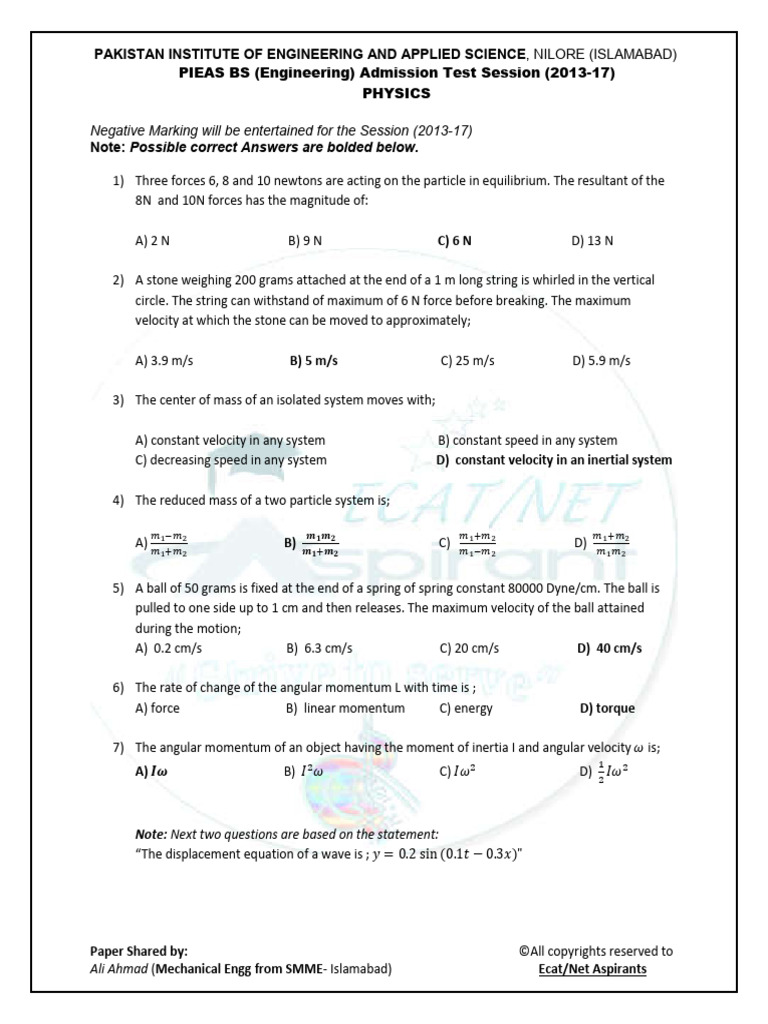 Physics Portion PIEAS 2013 | PDF | Force | Capacitor