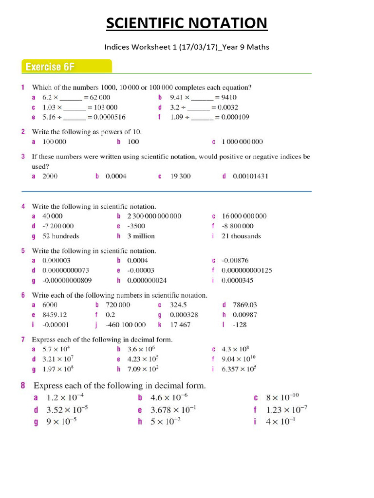 SCIENTIFIC NOTATION Worksheet 1 | PDF