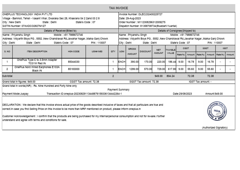 OnePlus Invoice for Priyanshu Singh | PDF | Invoice | Taxes