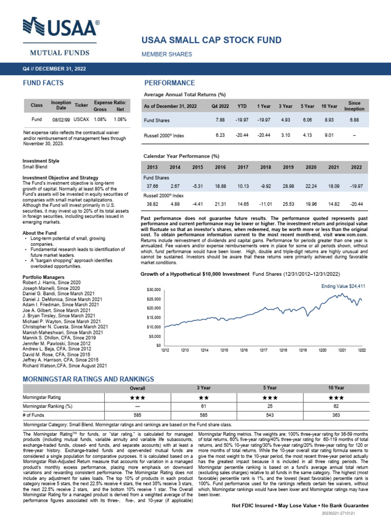 USAA Small Cap Stock Fund Fact Sheet 2022 4Q PDF Investing Investment Fund