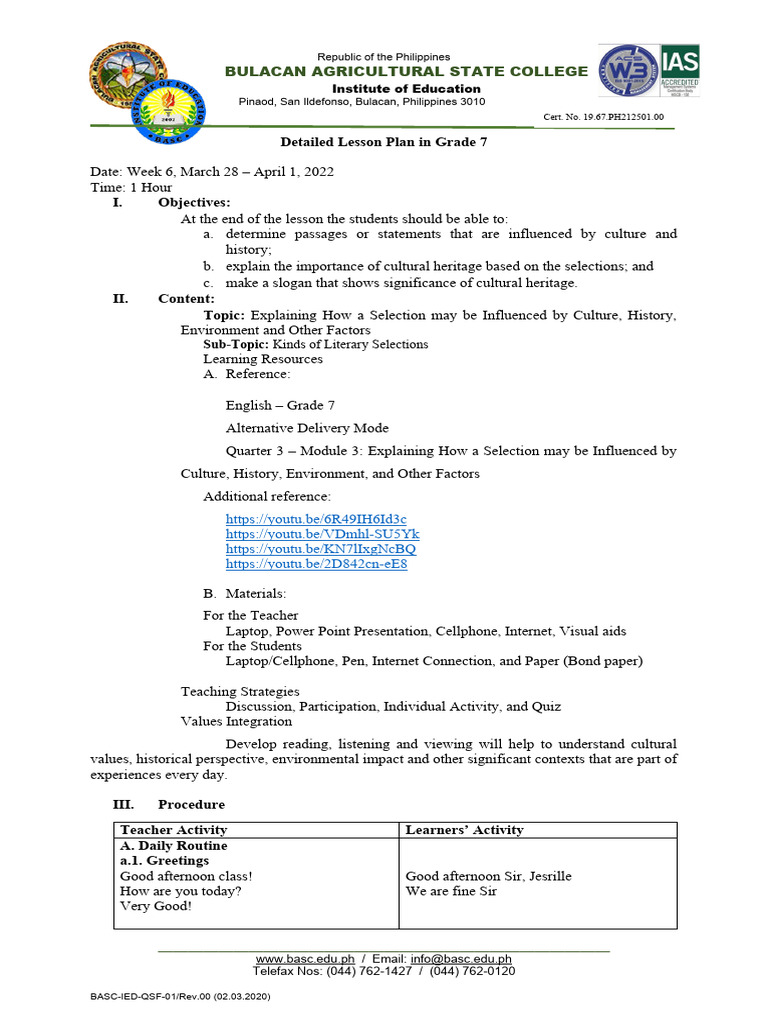 Grade 7 Lesson Plan on Culture & Literature | PDF | Novels | Lesson Plan