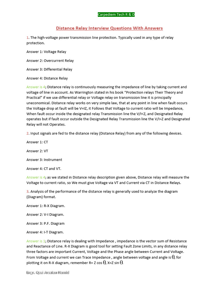 Distance Relay Interview Questions With Answers PDF Electrical
