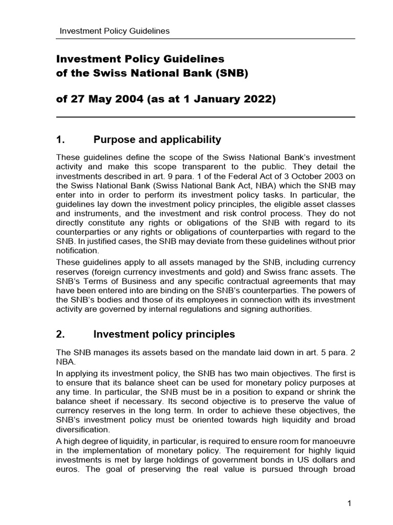 Swiss National Bank Investment Guidelines | PDF | Swiss National Bank ...
