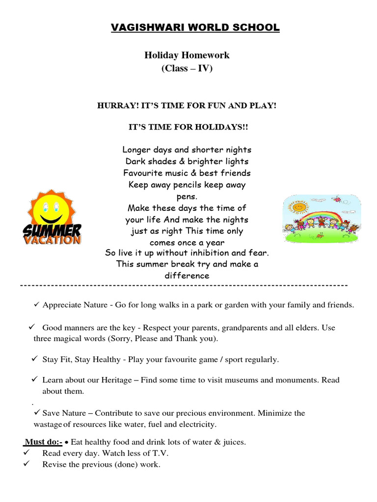 Vws 4th Class Holiday Homework | PDF