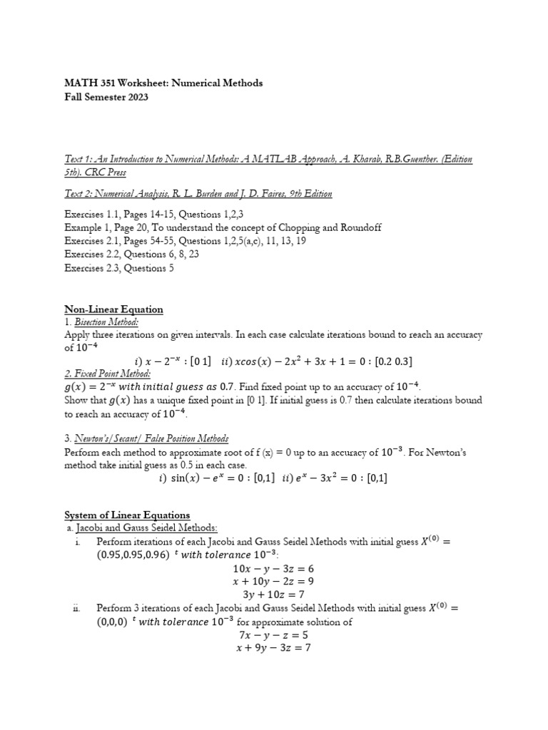 Numerical Analysis Worksheet PDF
