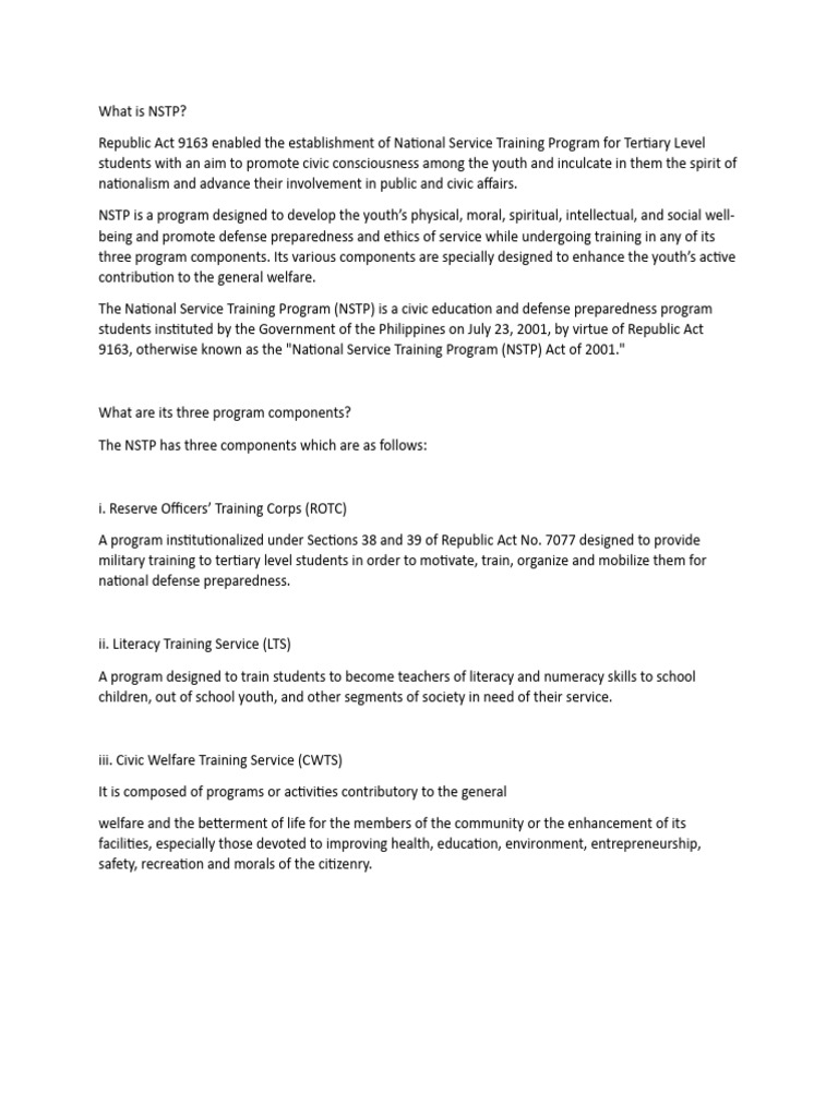 Overview of the National Service Training Program | PDF