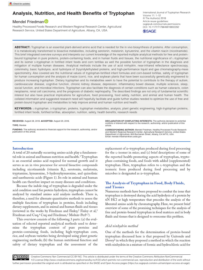 Friedman 2018 analysis nutrition and health benefits of tryptophan pdf