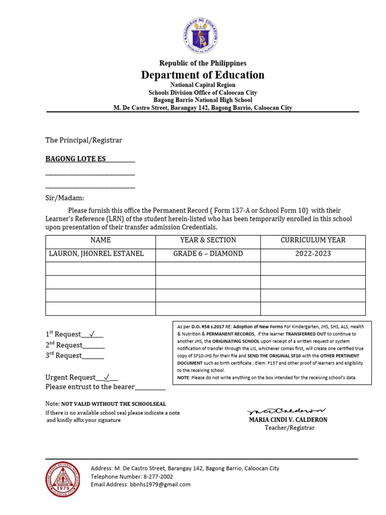 Request for Student Permanent Record | PDF
