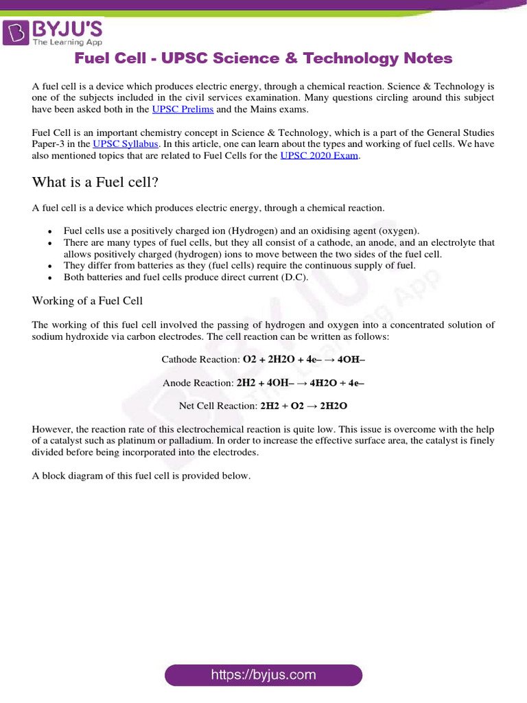 Fuel Cell UPSC PDF Fuel Cell Electricity