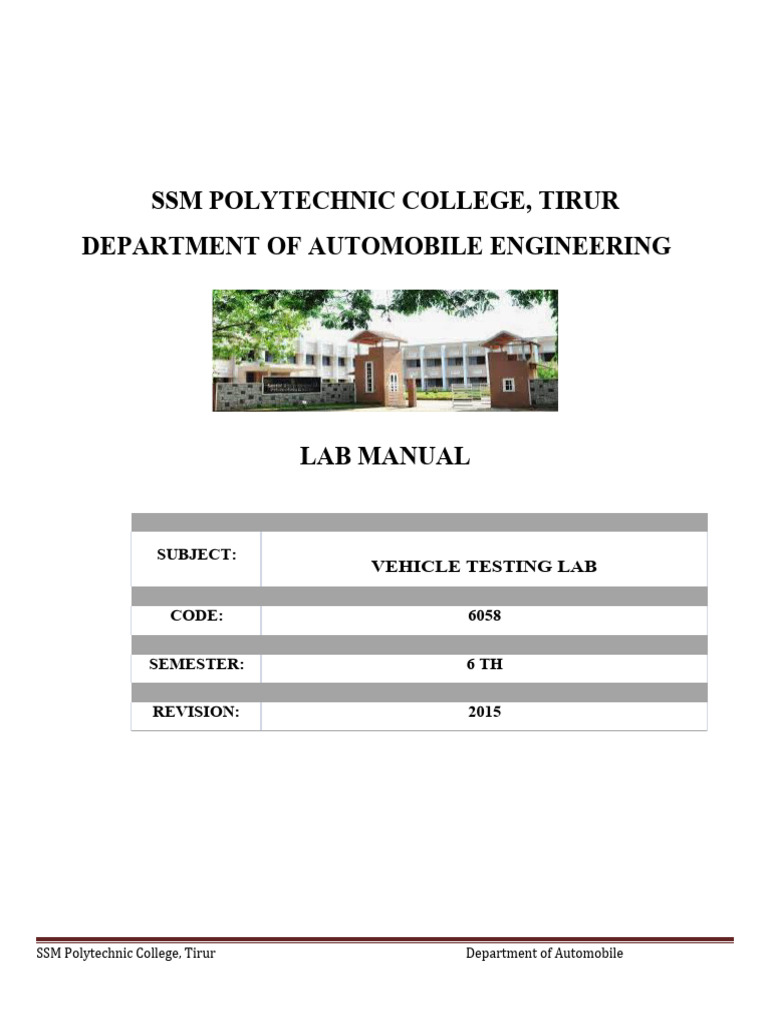 Vehicle Testing Lab Manual - SSM Polytechnic | PDF | Axle | Gear