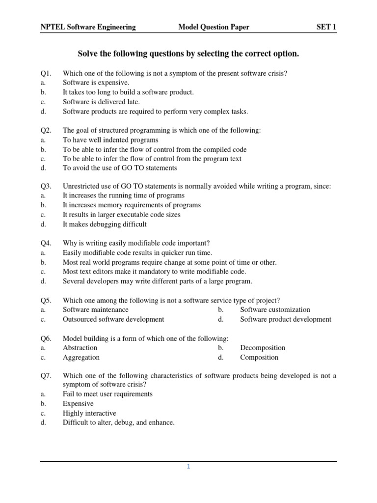 NPTEL SE Model Question Paper Set 1 | PDF | Class (Computer Programming ...