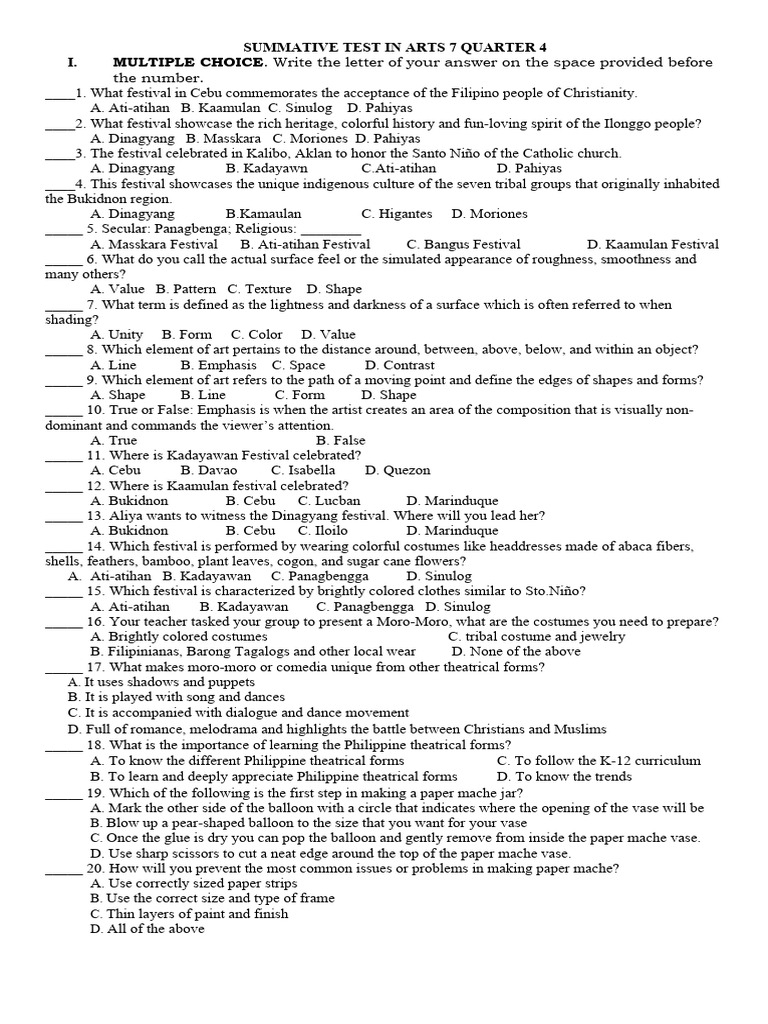 Summative Test In Arts 7 Quarter 4 Pdf Philippines