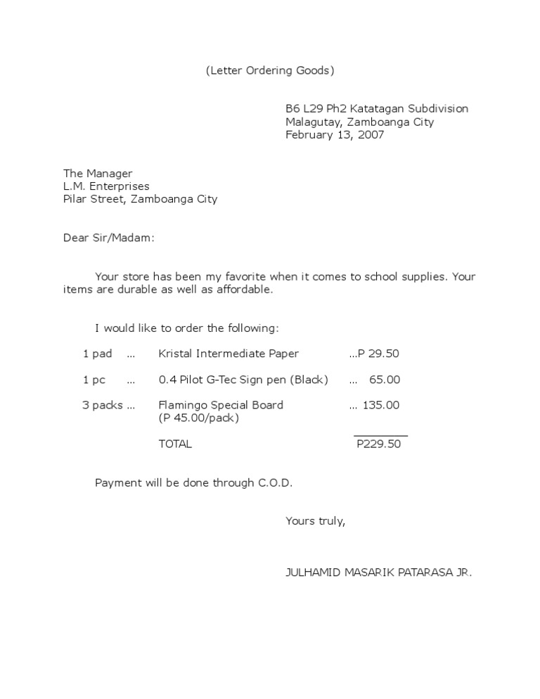 Letter Ordering Goods