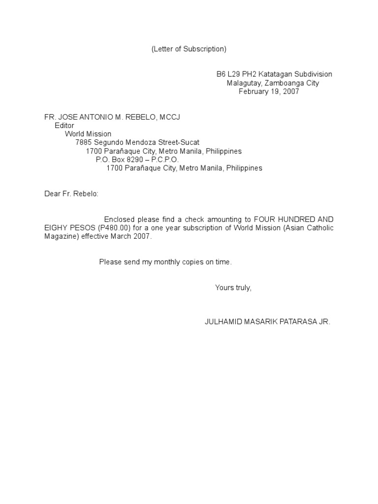Letter of Subscription & to the Editor | Beauty