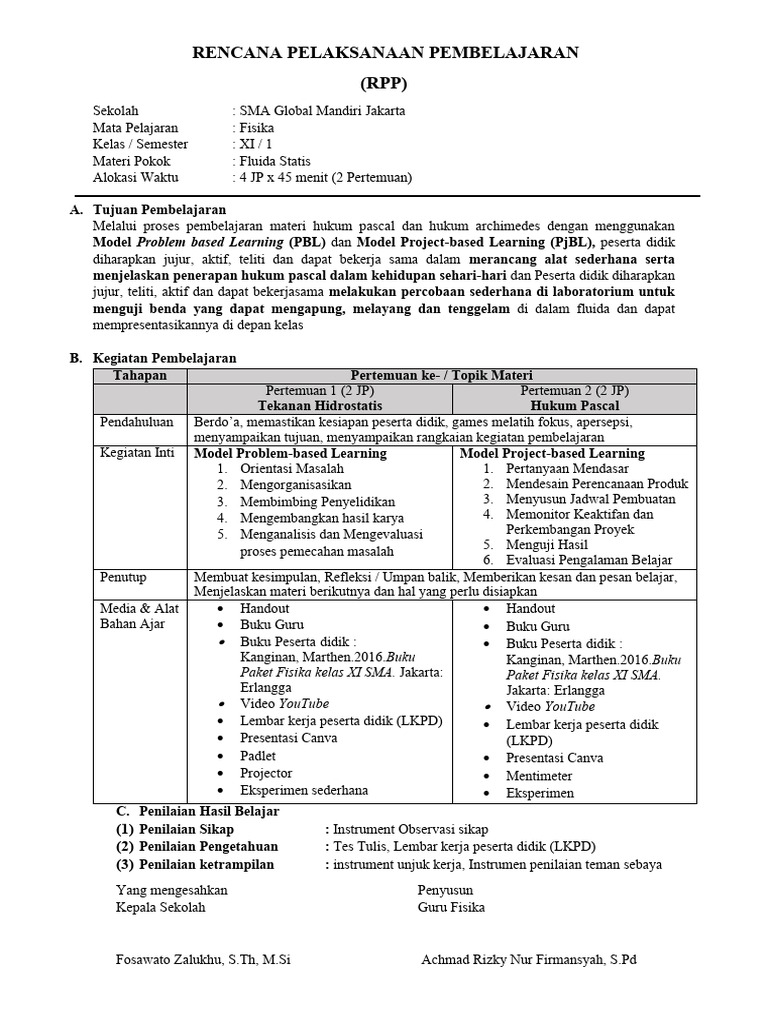 RPP Fisika: Fluida Statis Kelas XI | PDF