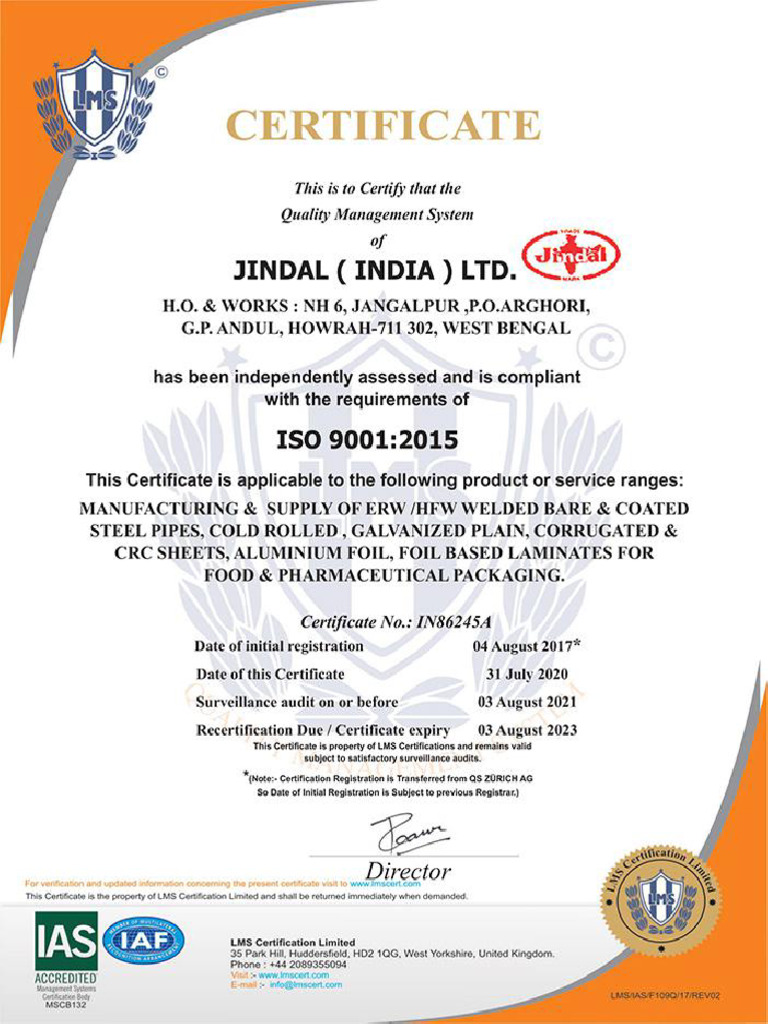 Jindal Steel ISO Certifcate | PDF