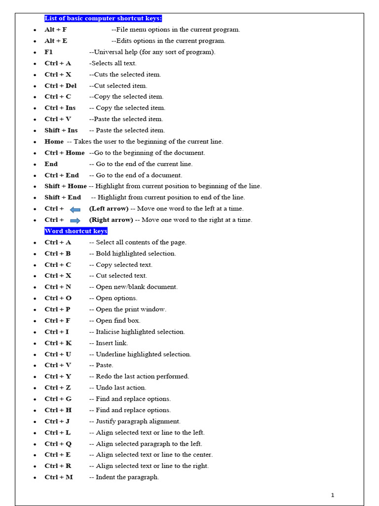 List-of-basic-computer-shortcut-keys | PDF