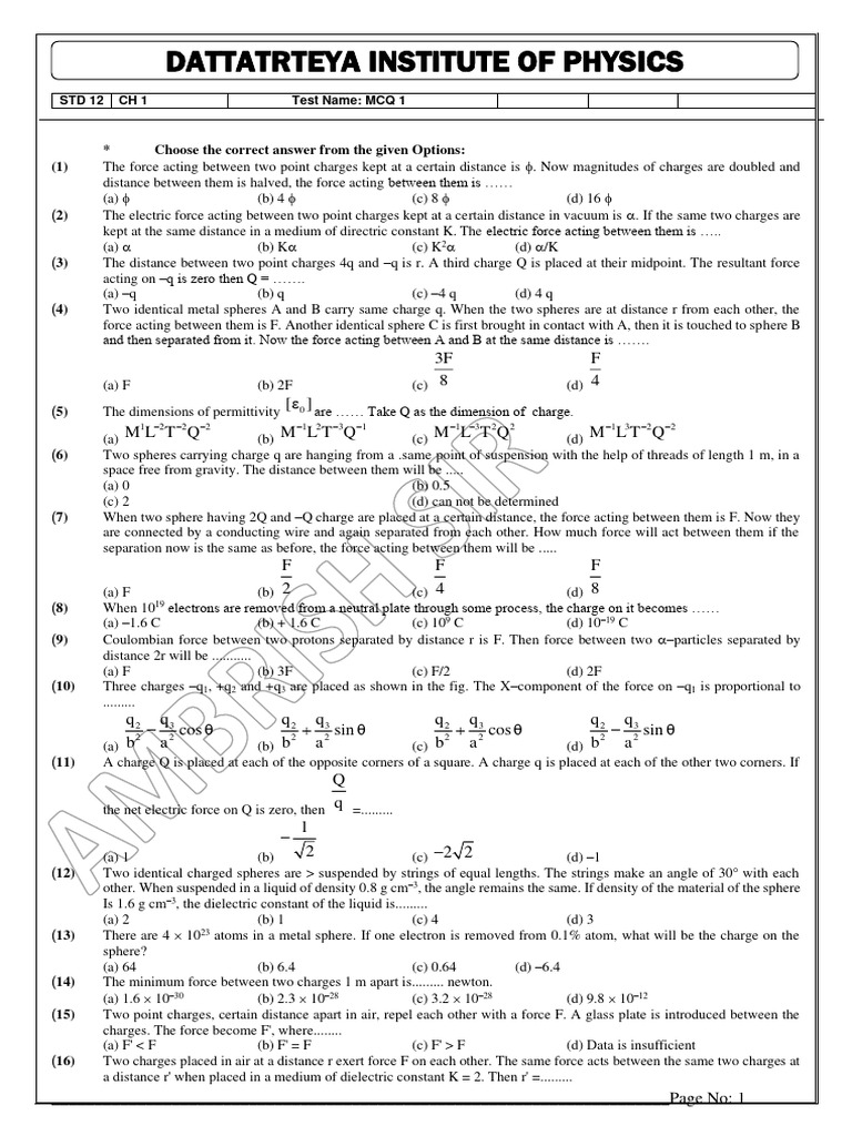 MCQs on Electric Forces and Charges | PDF | Force | Electric Charge