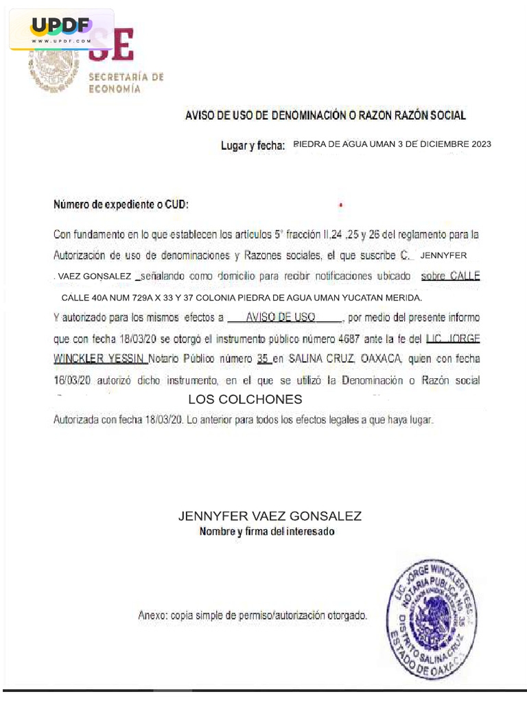 JENNY VAEZ Aviso de Uso de Razon Social | PDF