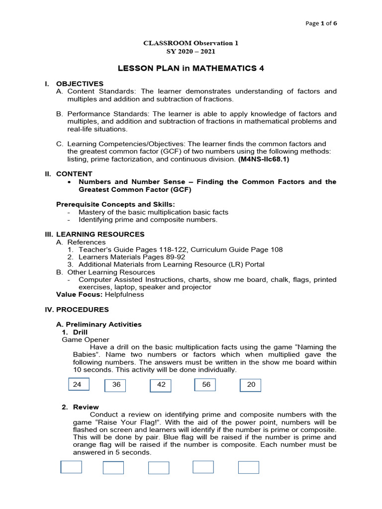 GCF Lesson Plan for Grade 4 Math | PDF | Learning | Lesson Plan
