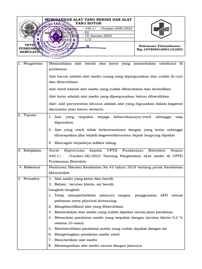 Sop Memisahkan Alat Yang Bersih Dan Kotor Lalu Di Rendam Clorin | PDF
