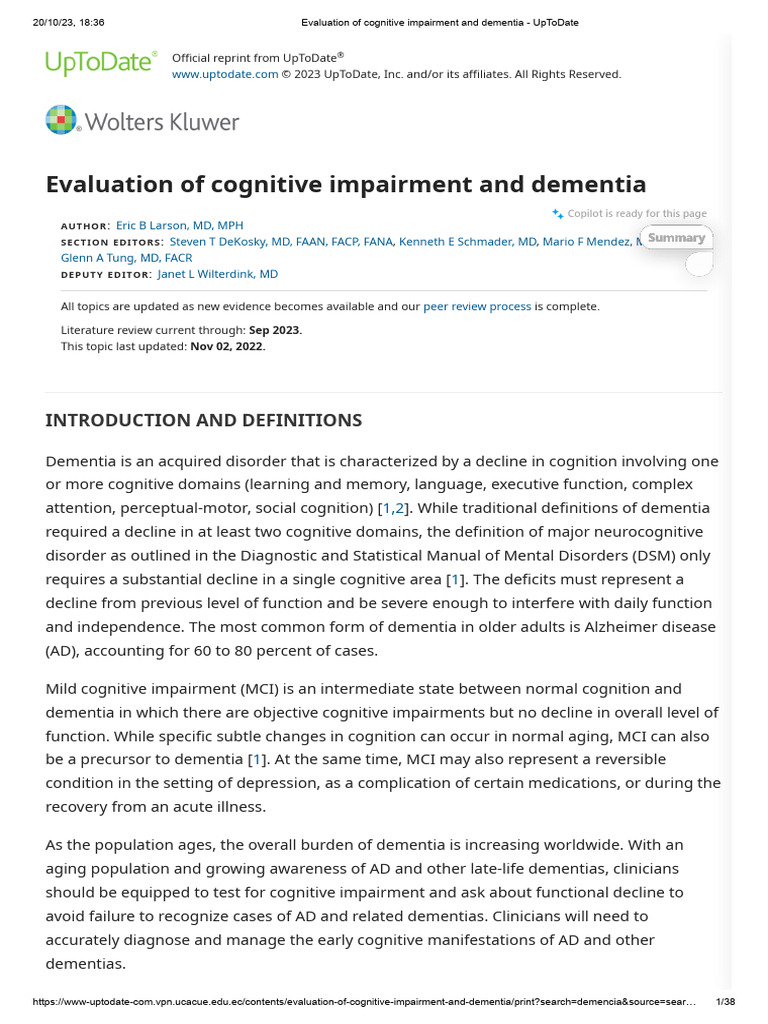 Evaluation of Cognitive Impairment and Dementia UpToDate PDF