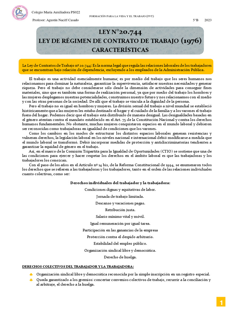Ley n 20 744 ley de r gimen de contrato de trabajo 1976