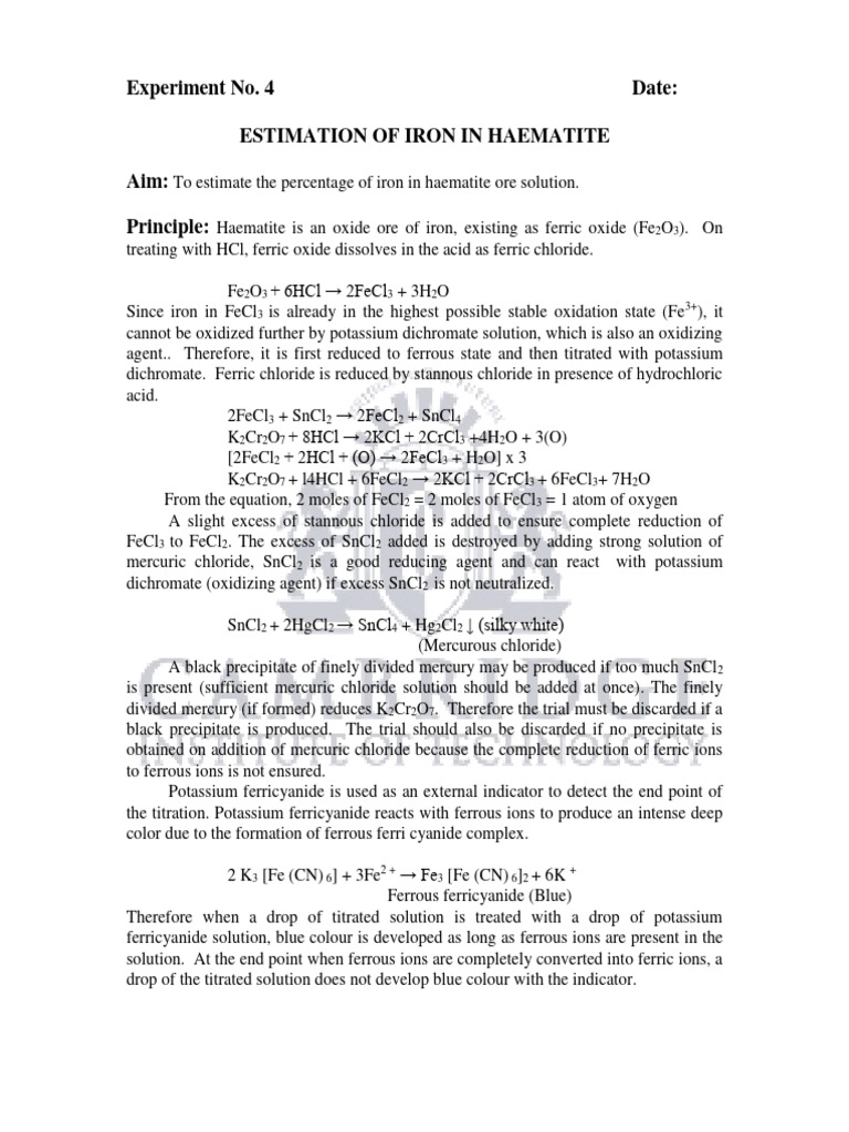 Iron Estimation in Haematite Ore | PDF | Titration | Chemistry