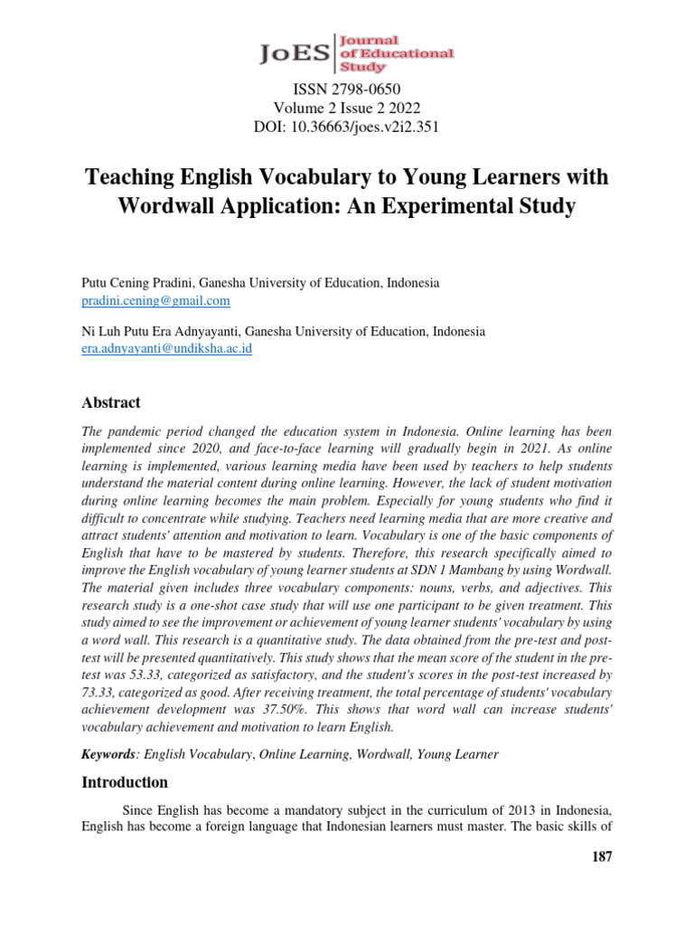 Teaching english vocabulary to young learners with wordwall application