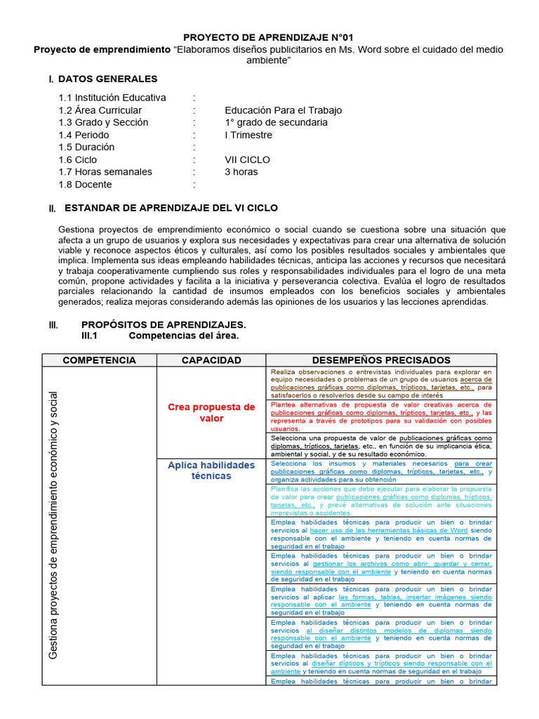 Proyecto de Aprendizaje N1 - 1° Grado | PDF | Iniciativa empresarial ...