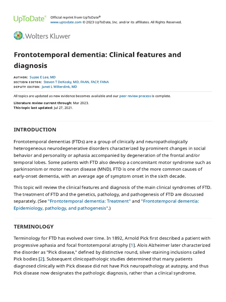 Diagnosis Of Dementia Uptodate