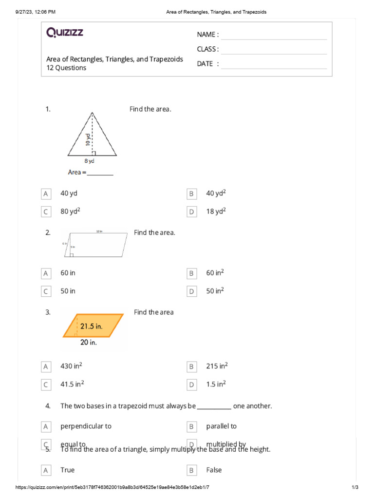 Quizizz Area of Rectangles, Triangles, and Trapezoids PDF Area