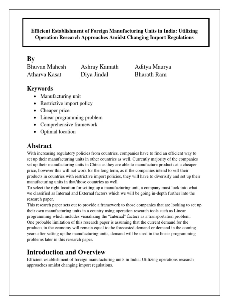 Establishing Manufacturing Units in India | PDF | Linear Programming ...