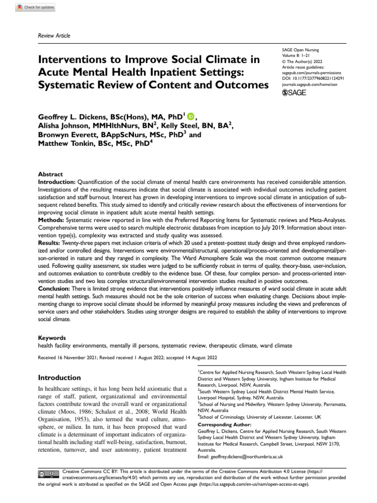 Dickens Et Al 2022 Interventions To Improve Social Climate in Acute ...
